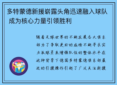 多特蒙德新援崭露头角迅速融入球队 成为核心力量引领胜利