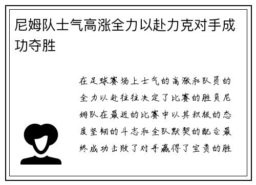 尼姆队士气高涨全力以赴力克对手成功夺胜