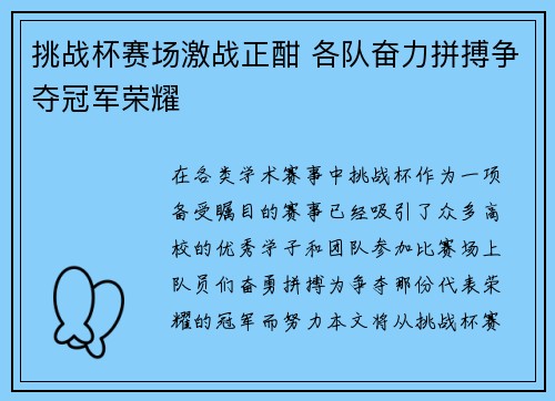 挑战杯赛场激战正酣 各队奋力拼搏争夺冠军荣耀