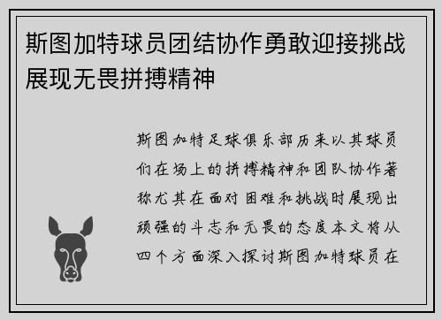 斯图加特球员团结协作勇敢迎接挑战展现无畏拼搏精神