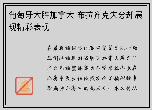 葡萄牙大胜加拿大 布拉齐克失分却展现精彩表现